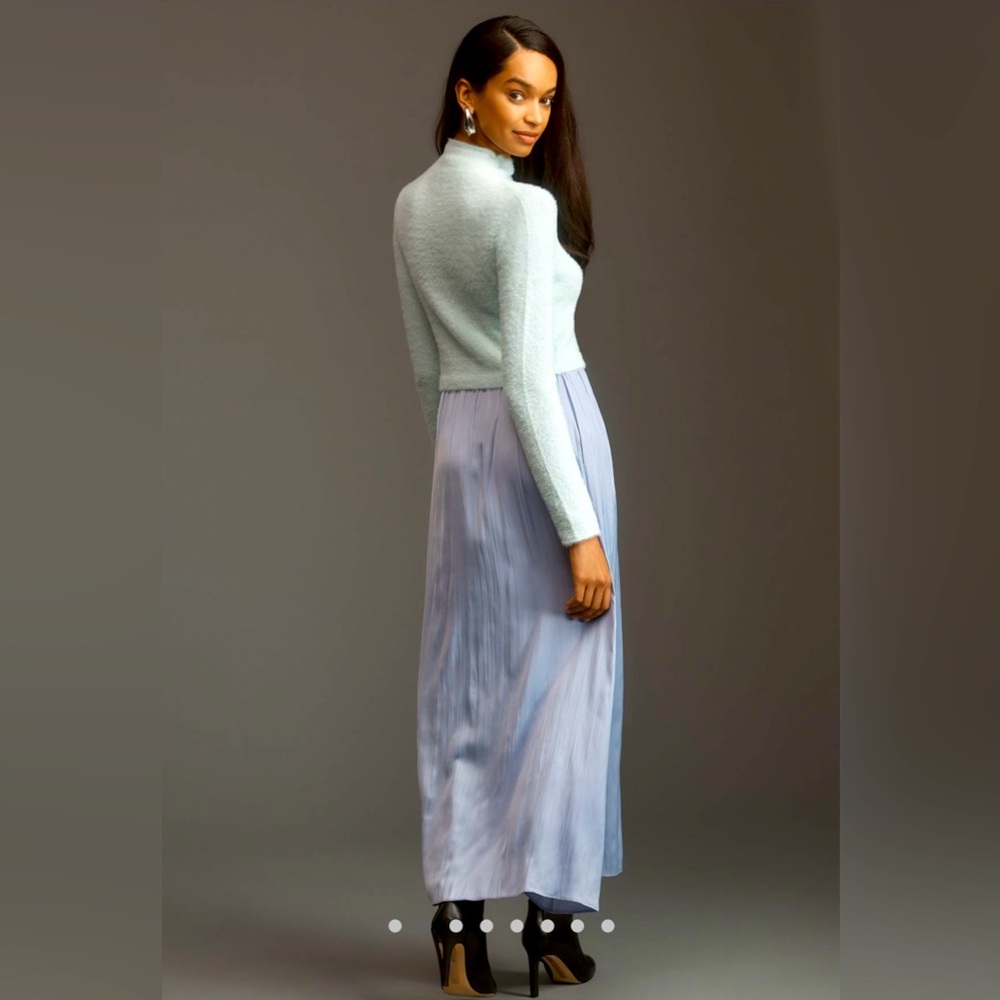 Anthropologie Pale Blue Knit Top with Dusty Blue Satin Skirt Dress - Picture 2 of 10
